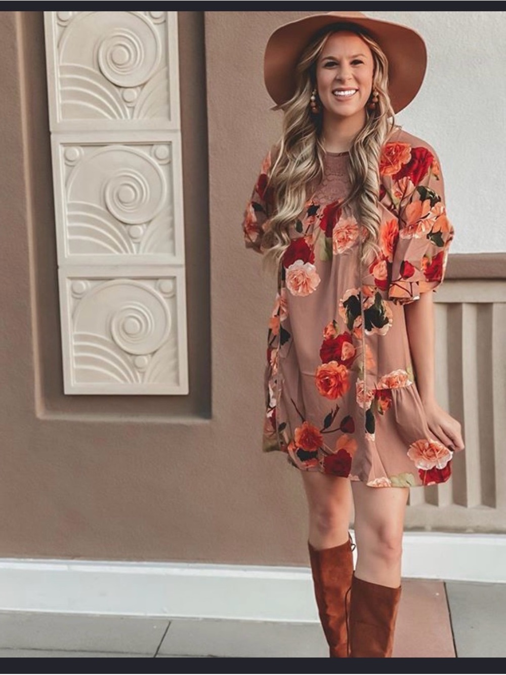 Umgee Taupe Floral Puff-Sleeve Mini Dress with Red & Orange Blooms
